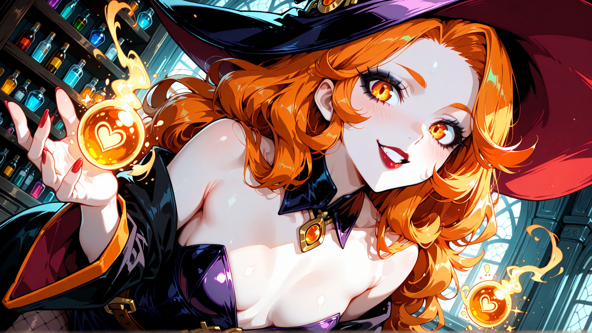 AI generated wallpaper featuring witch, girl, heart, bottle, cap, magical, potions, wings, hat, gloves