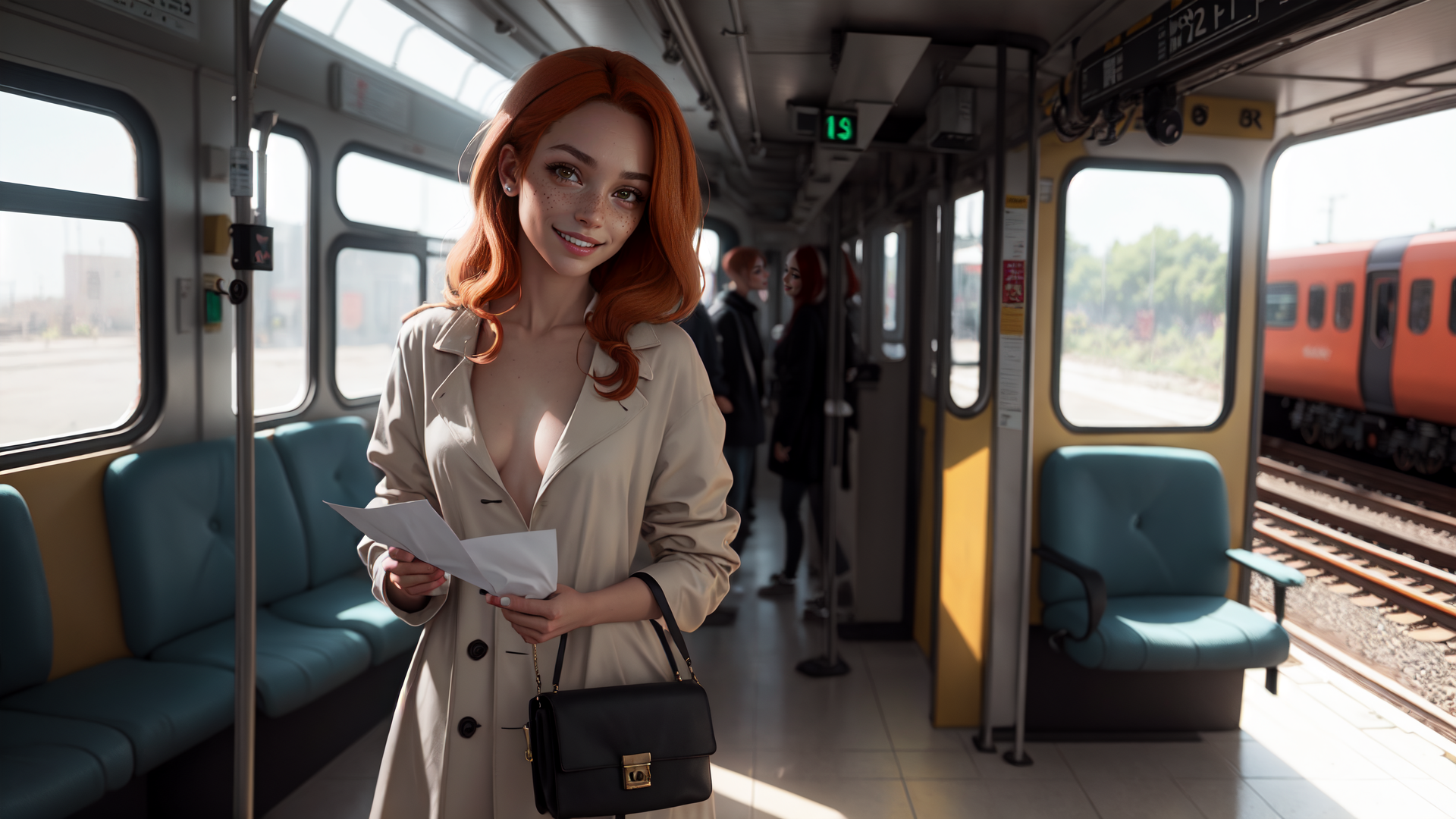 AI generated wallpaper featuring woman, train, paper