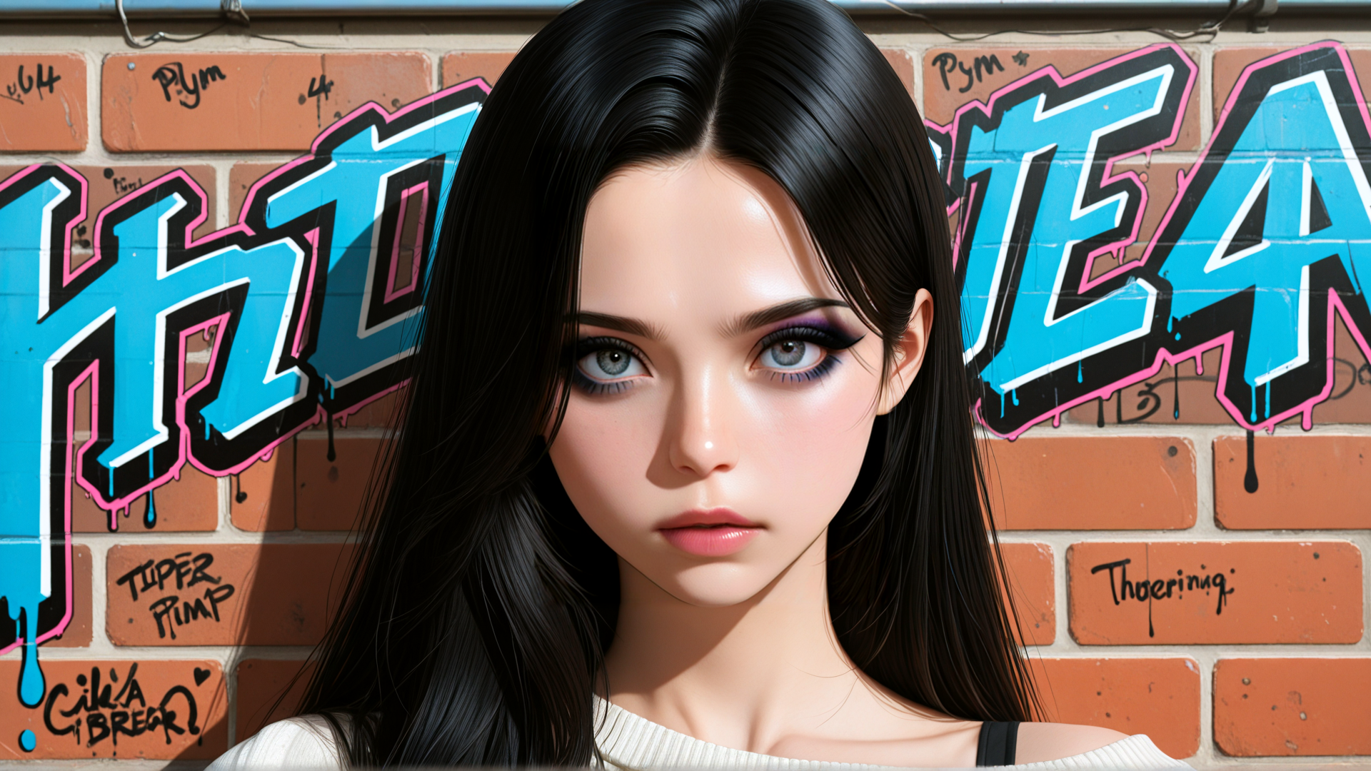 AI generated wallpaper featuring woman, girl, hair, wall, graffiti