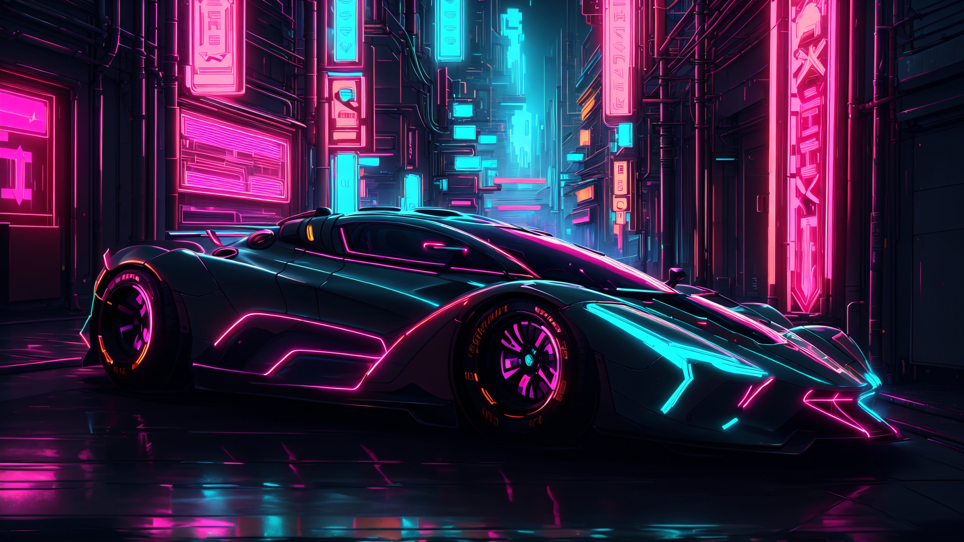 AI generated wallpaper featuring sports car, neon signs, city street, futuristic buildings, cyberpunk, vehicles, urban landscape, digital art, street, night