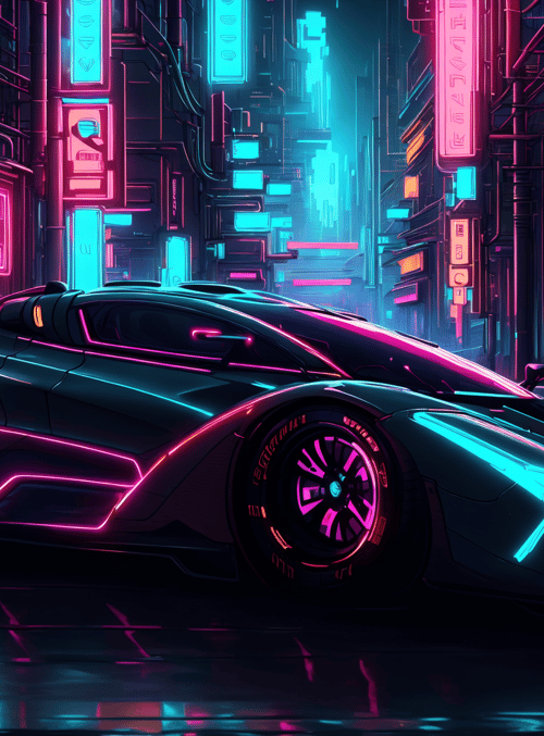 sports car, neon signs, city street, futuristic buildings, cyberpunk, vehicles, urban landscape, digital art, street, night