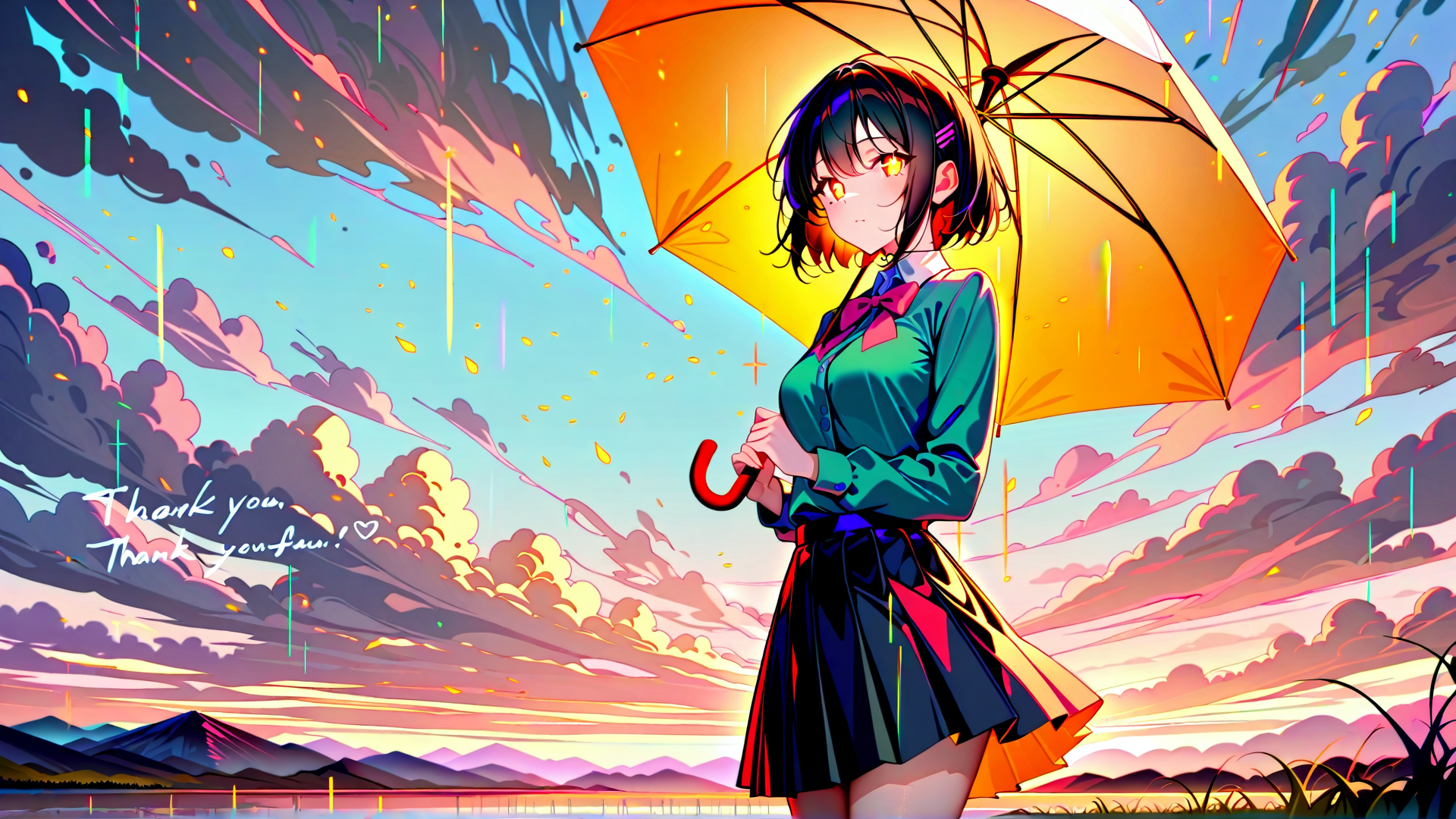 AI generated wallpaper featuring girl, umbrella, clouds
