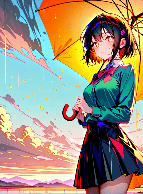 girl, umbrella, clouds