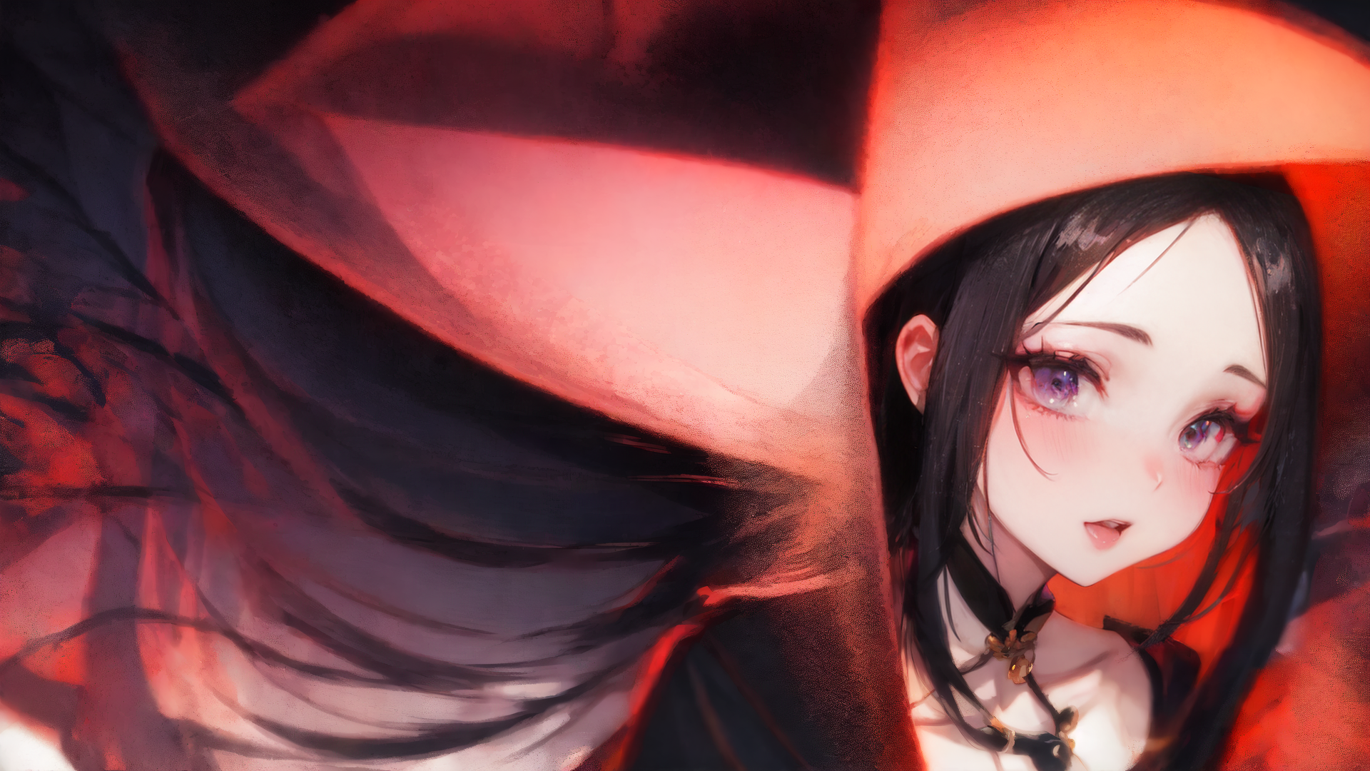 AI generated wallpaper featuring anime girl, hooded figure, red cloak