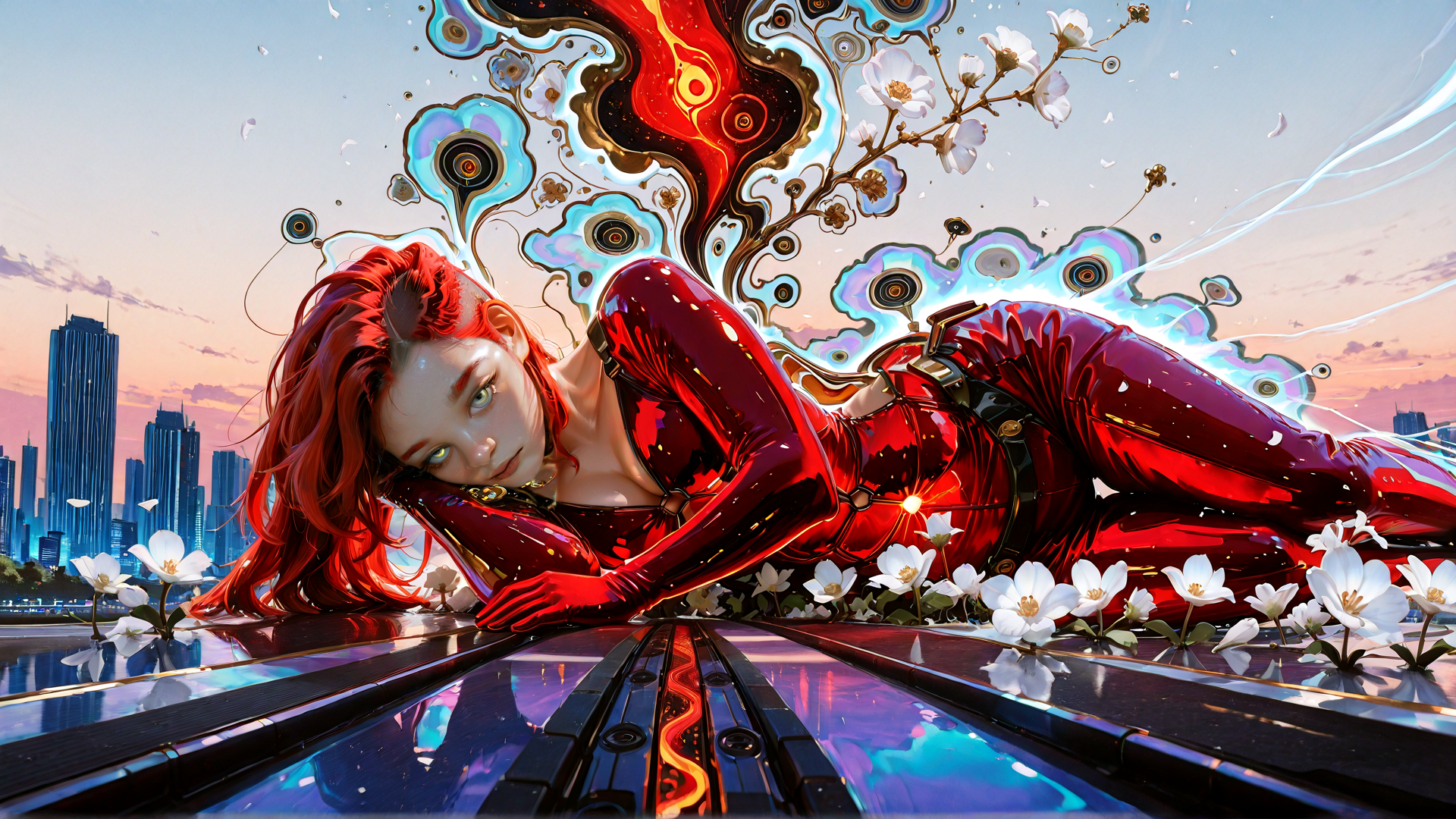 AI generated wallpaper featuring woman, flowers, cityscape, robotic, glowing, red outfit, surreal, art, digital, futuristic