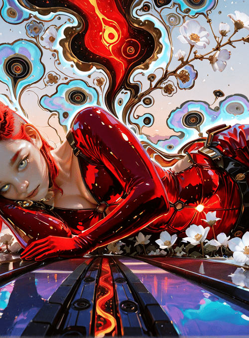 woman, flowers, cityscape, robotic, glowing, red outfit, surreal, art, digital, futuristic