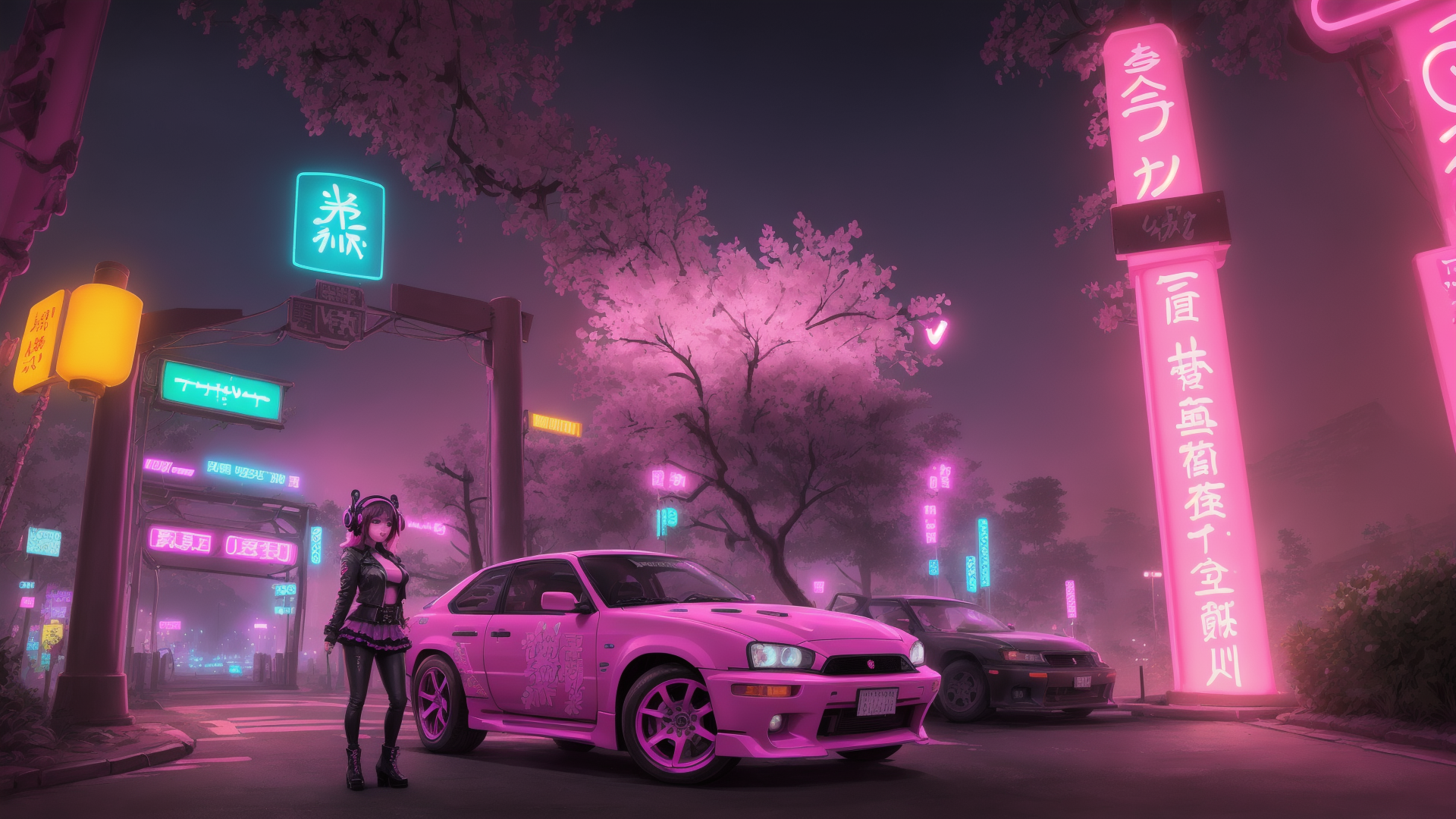 AI generated wallpaper featuring anime girl, sports car, cherry blossom