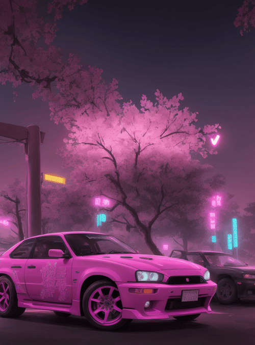 anime girl, sports car, cherry blossom