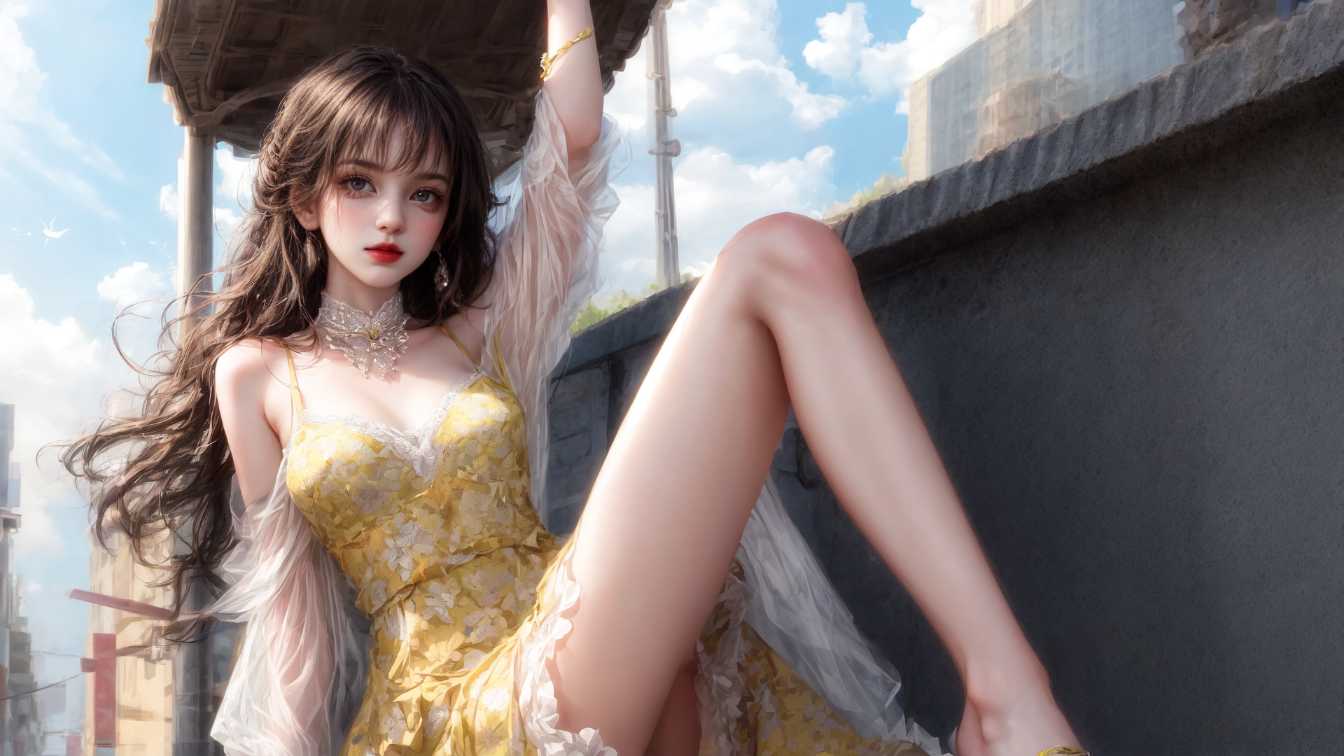 AI generated wallpaper featuring woman, dress, city