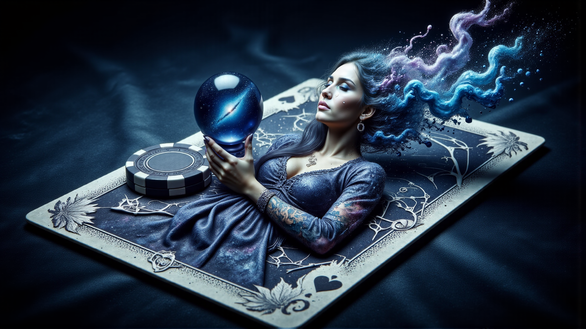 AI generated wallpaper featuring woman, crystal ball, tarot card