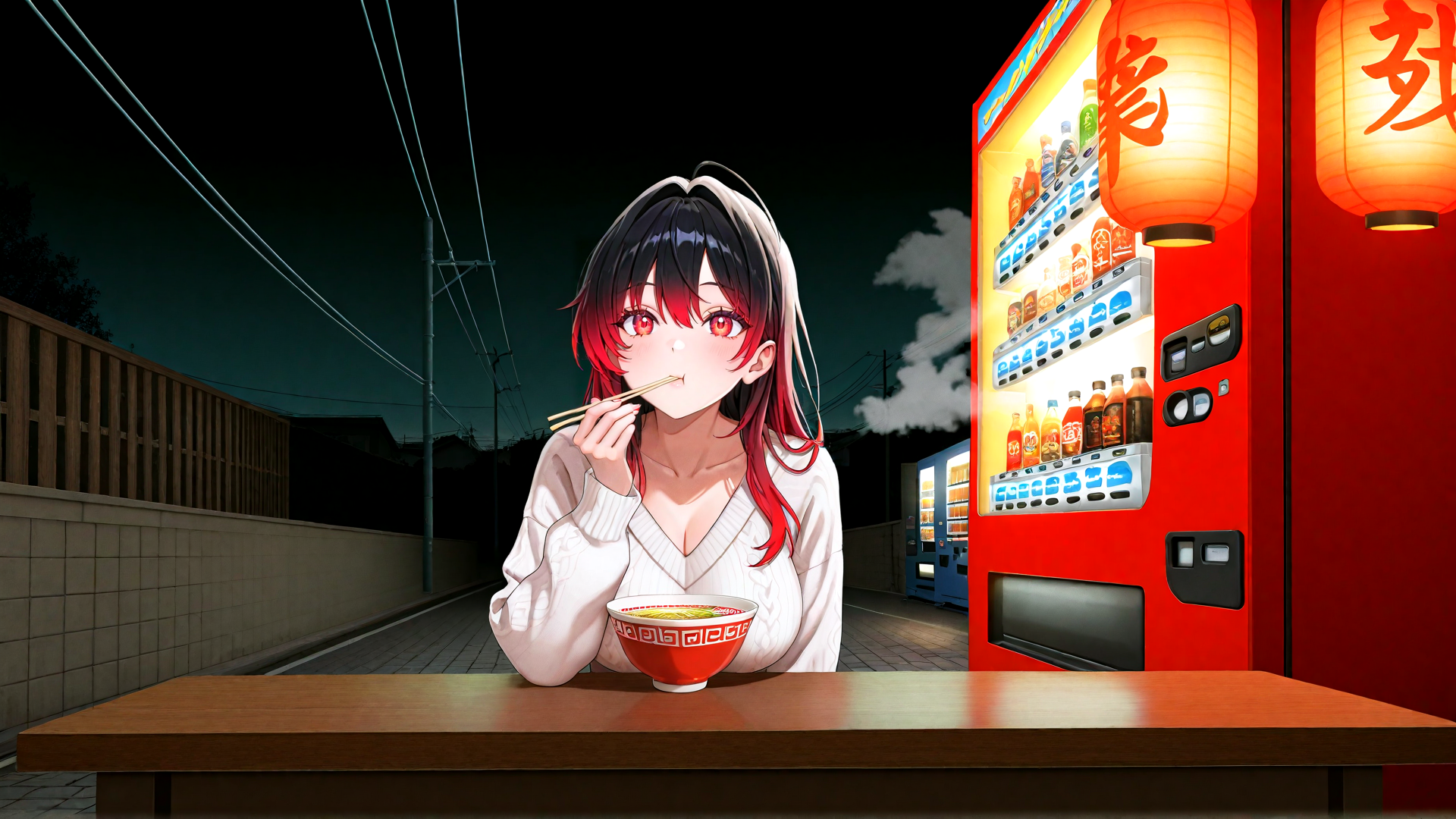 AI generated wallpaper featuring girl, chopsticks, bowl, vending machine, lantern, street, night