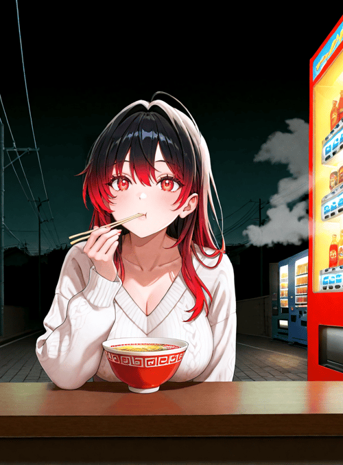 girl, chopsticks, bowl, vending machine, lantern, street, night