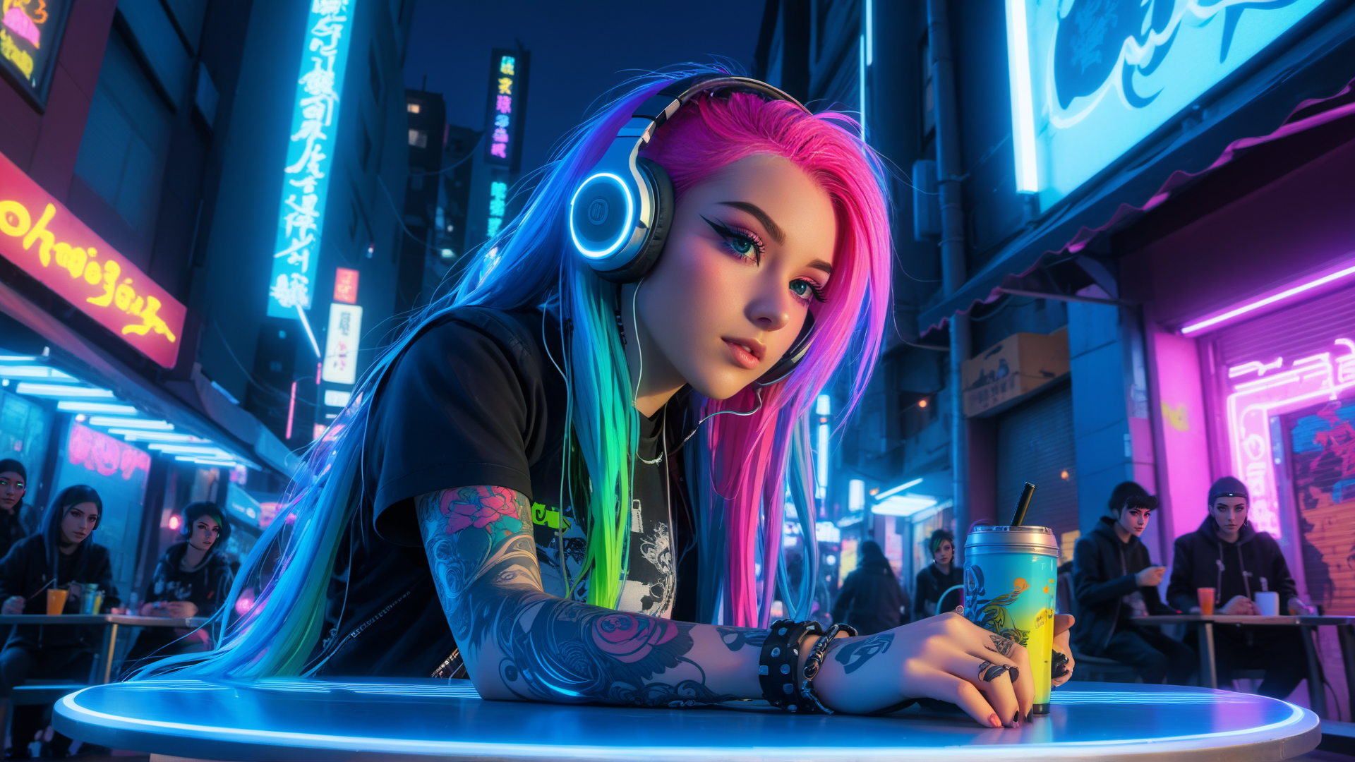AI generated wallpaper featuring girl, neon, street
