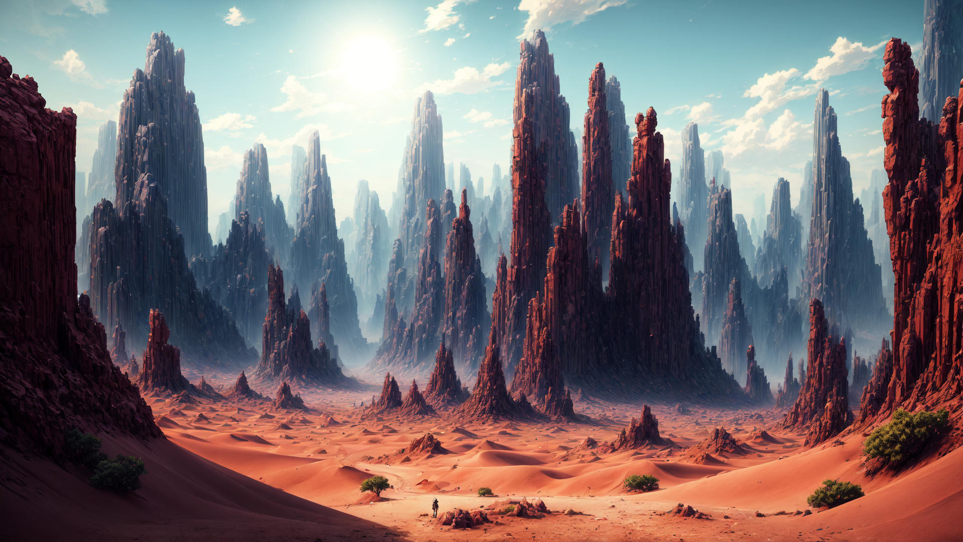 AI generated wallpaper featuring rock formations, desert, person