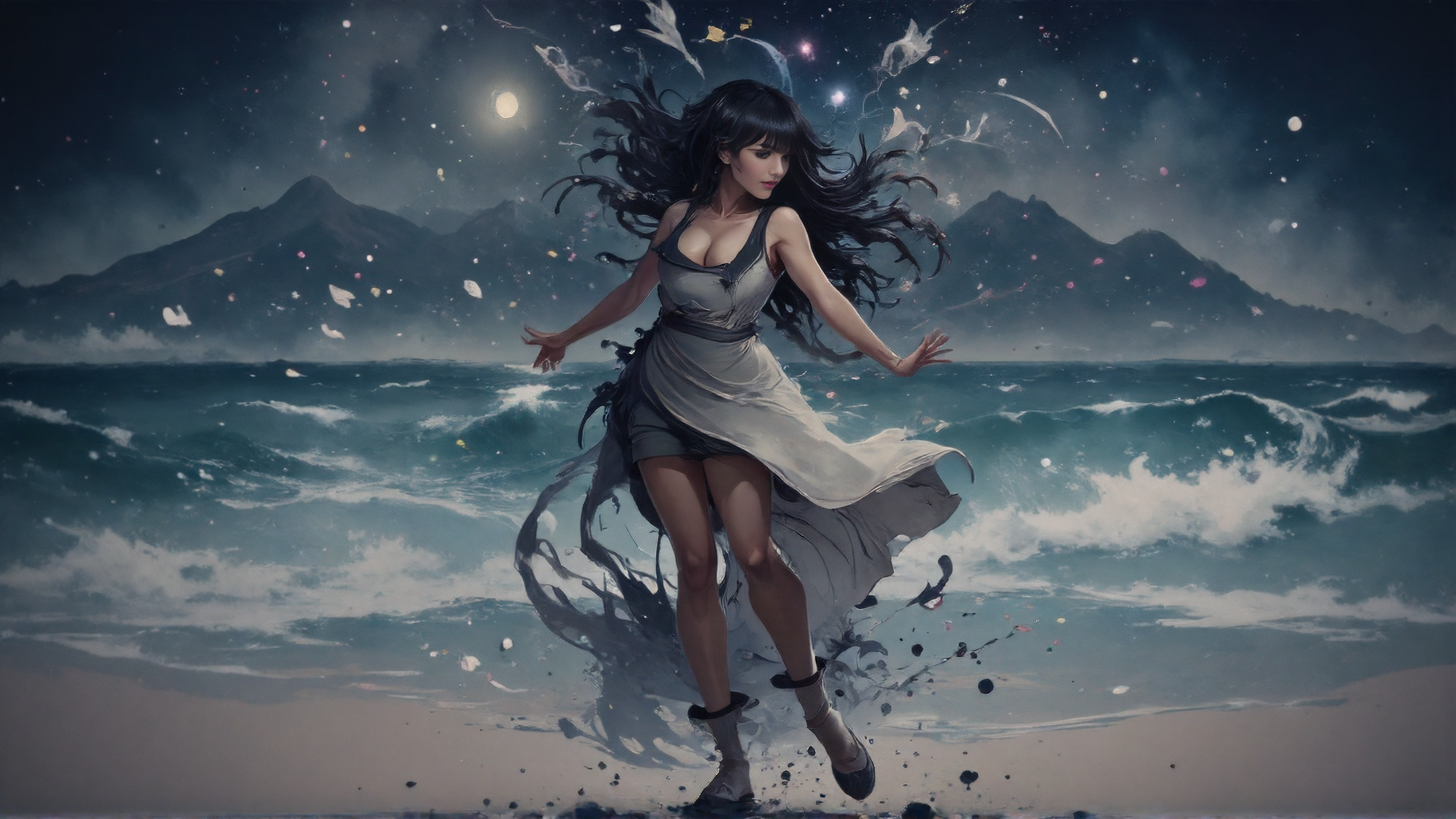 AI generated wallpaper featuring woman, ocean, moon