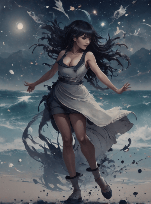 woman, ocean, moon