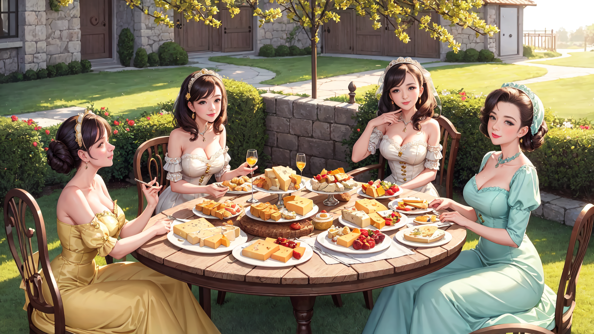 AI generated wallpaper featuring women, table, cheese