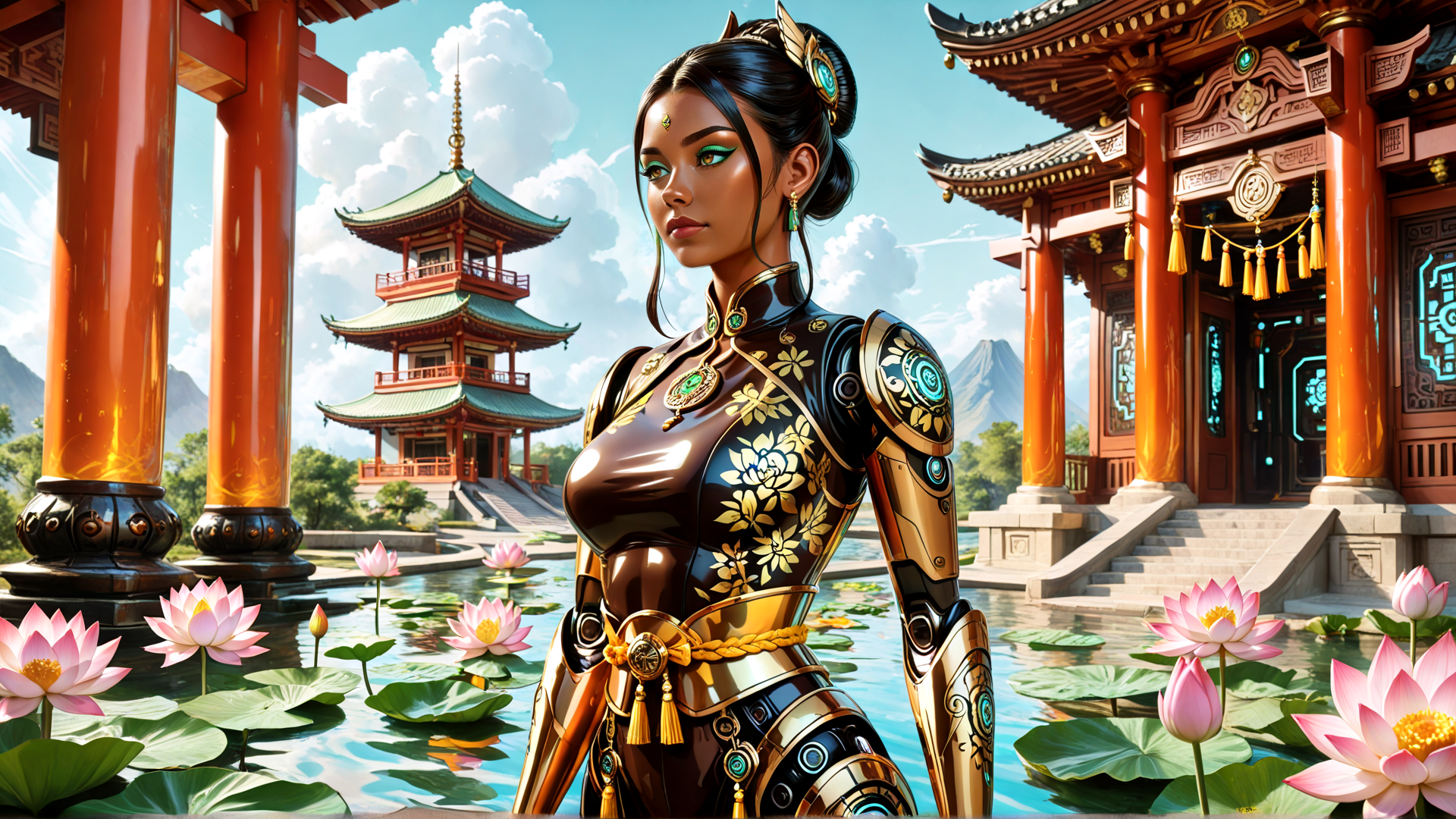 AI generated wallpaper featuring woman, armor, lotus, pagoda, building, water, columns, lily, mountain, garden