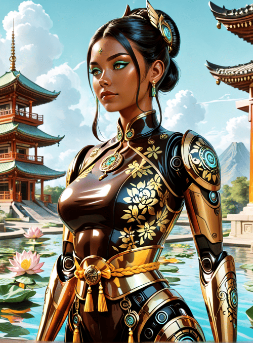 woman, armor, lotus, pagoda, building, water, columns, lily, mountain, garden