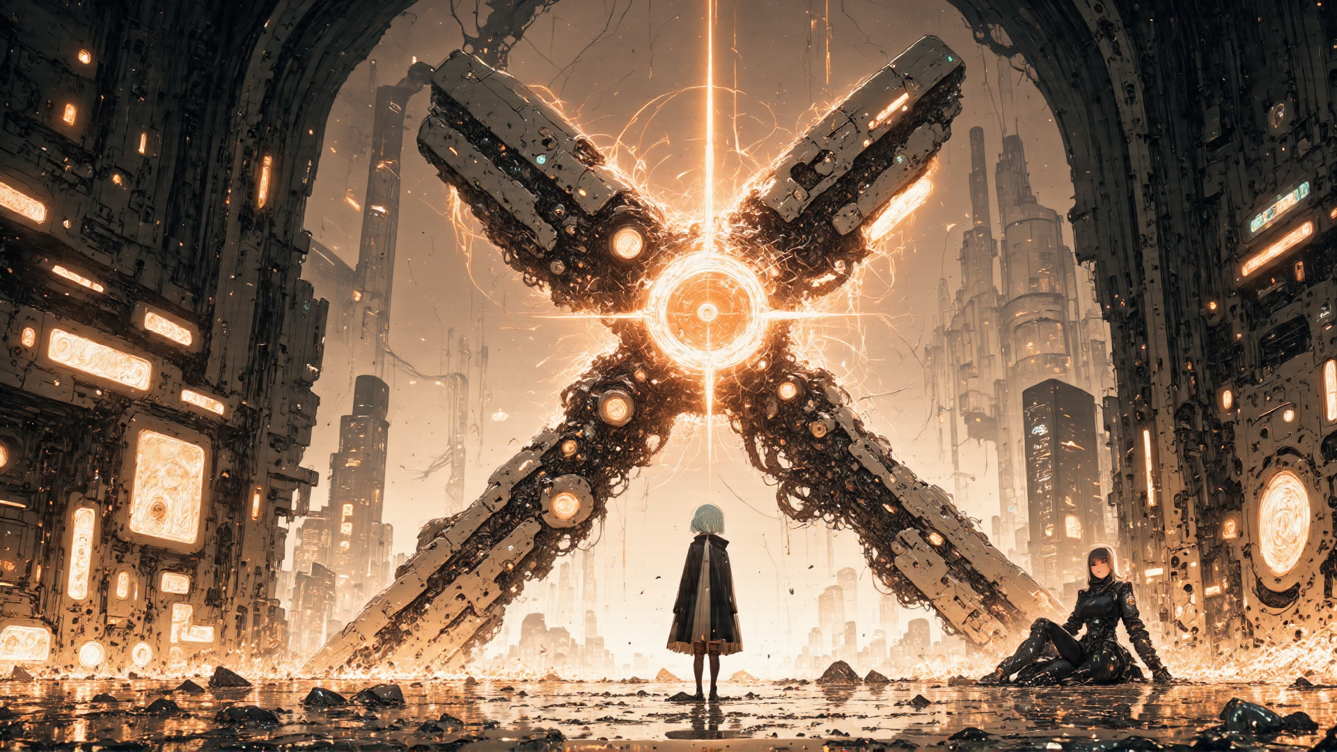 AI generated wallpaper featuring mechanism, girl, cyborg, cityscape, robot
