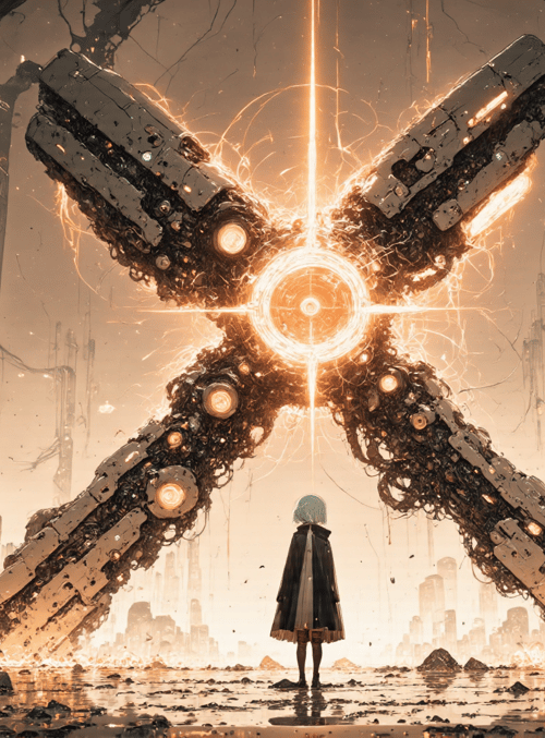 mechanism, girl, cyborg, cityscape, robot
