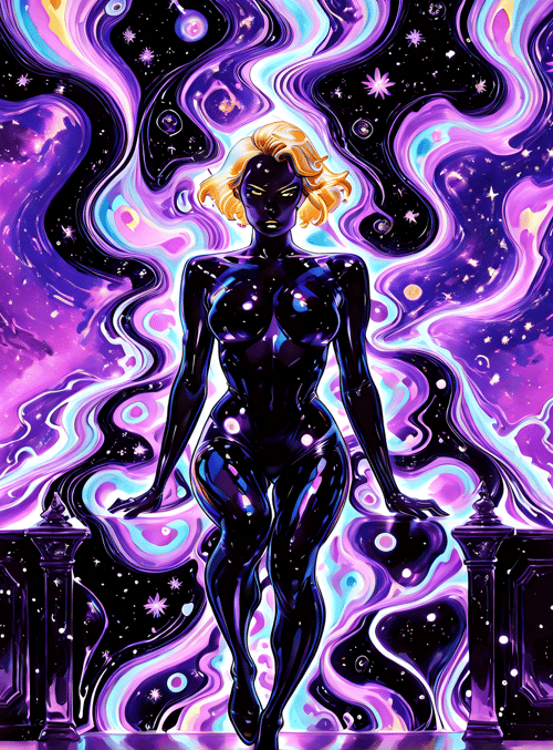 woman, figure, stars, galaxy, surreal, futuristic, cosmic, portal, neon, illusion