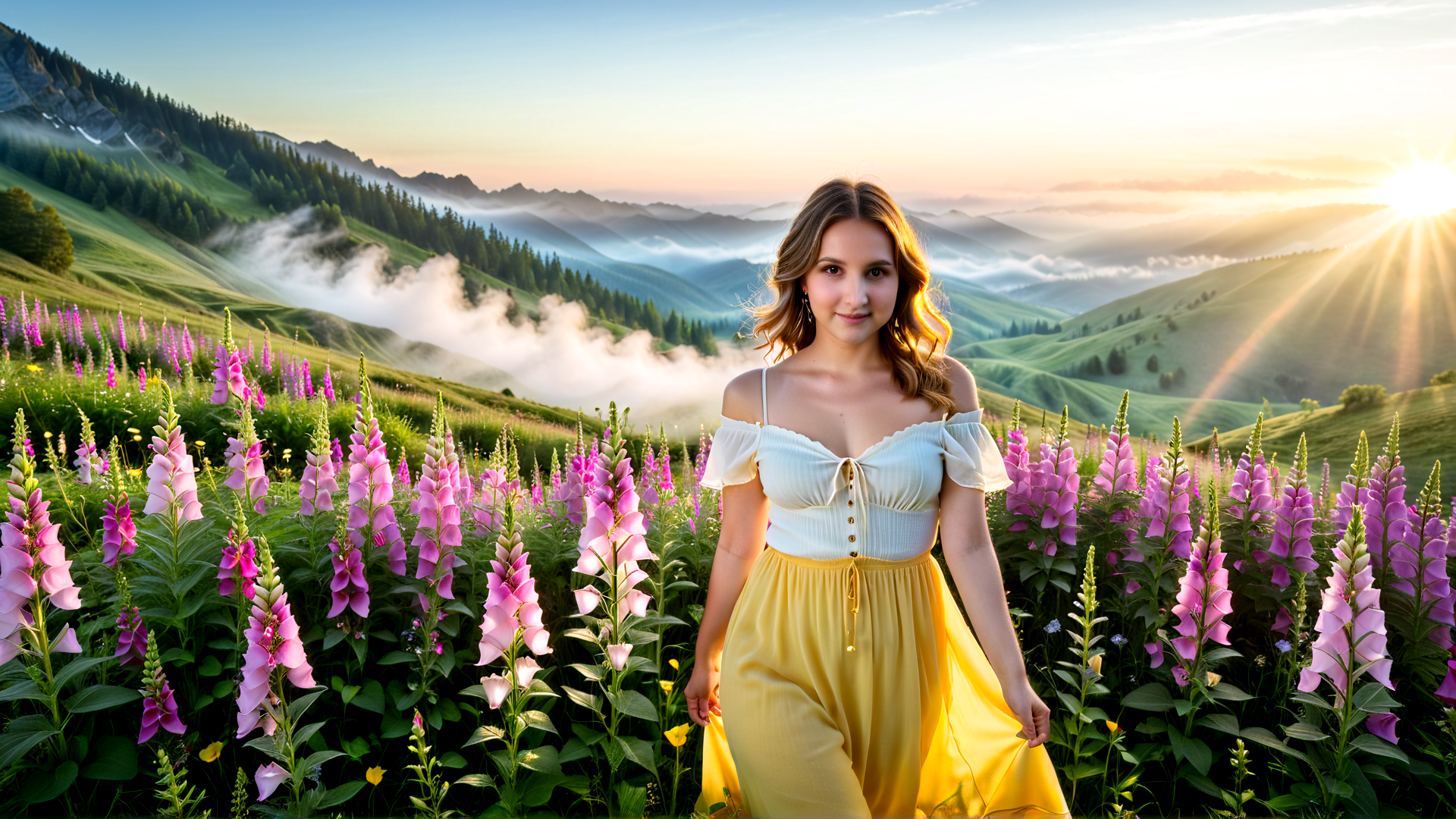 AI generated wallpaper featuring woman, flowers, mountains, sunrise, meadow