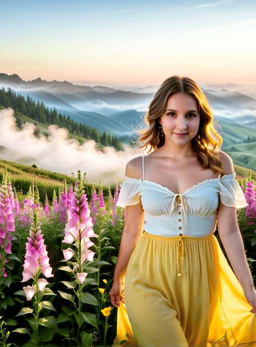 woman, flowers, mountains, sunrise, meadow