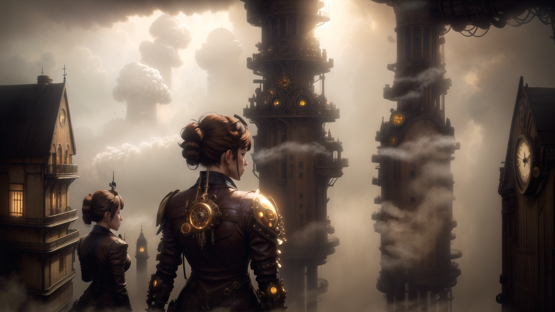 AI generated wallpaper featuring woman, towers, clock