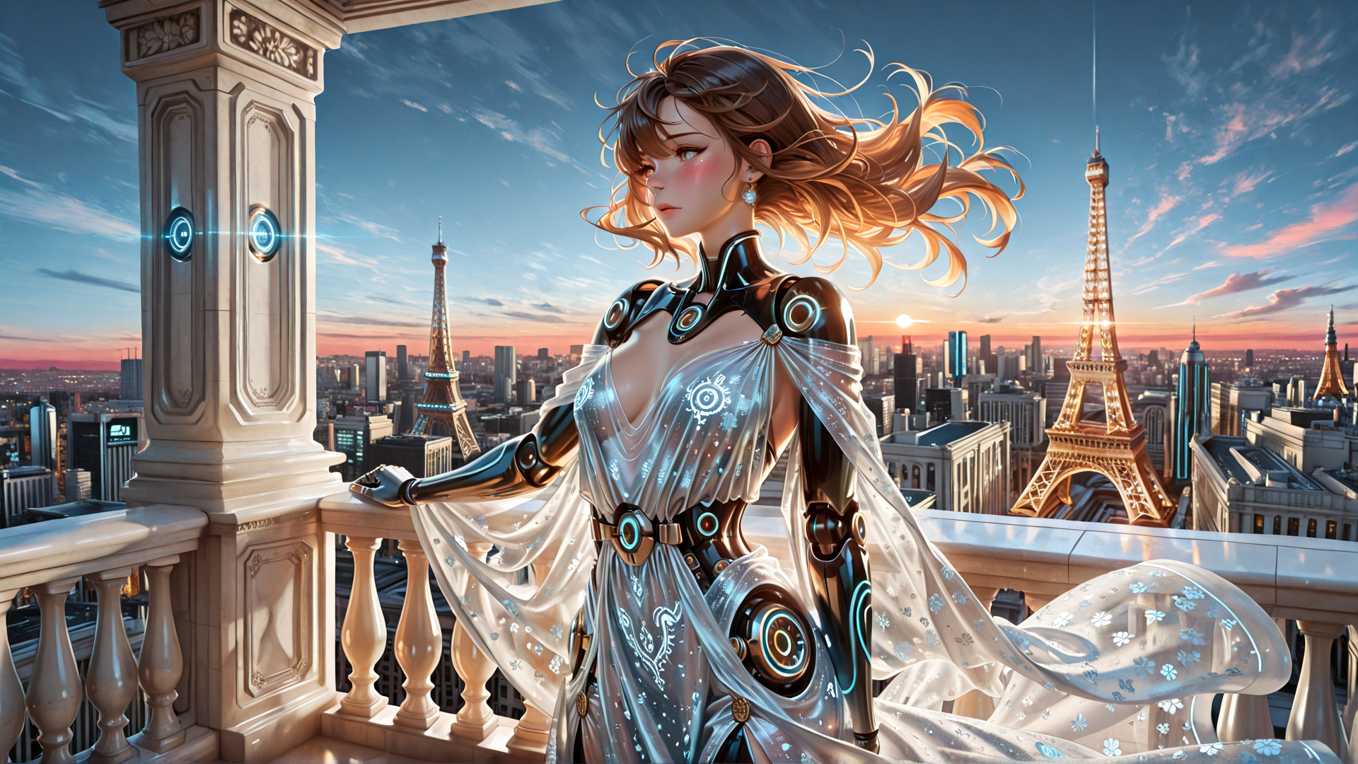 AI generated wallpaper featuring robot, woman, eiffel tower, cityscape, balcony, sunset