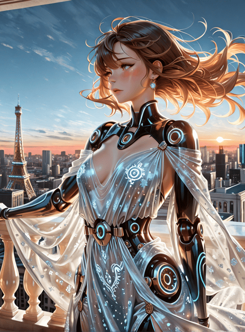 robot, woman, eiffel tower, cityscape, balcony, sunset