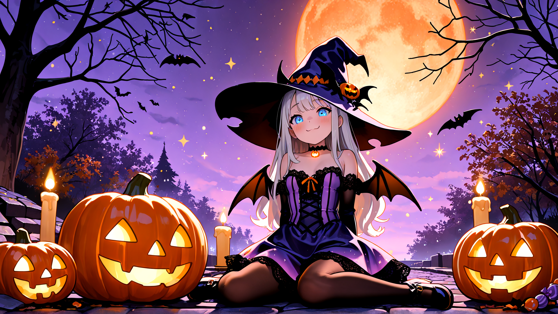 AI generated wallpaper featuring witch, pumpkin, bat, candle, moon, tree, girl, dress, hat, star