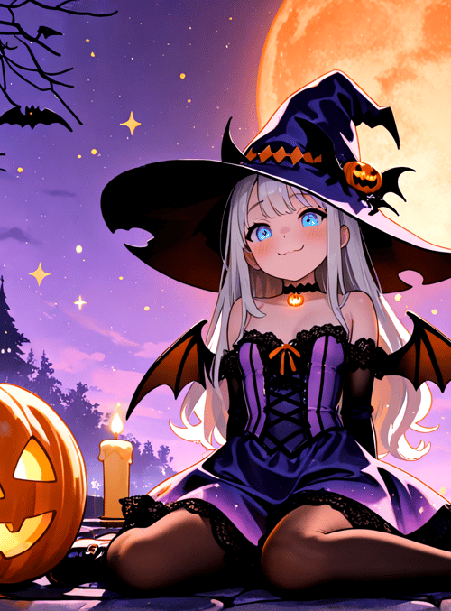witch, pumpkin, bat, candle, moon, tree, girl, dress, hat, star