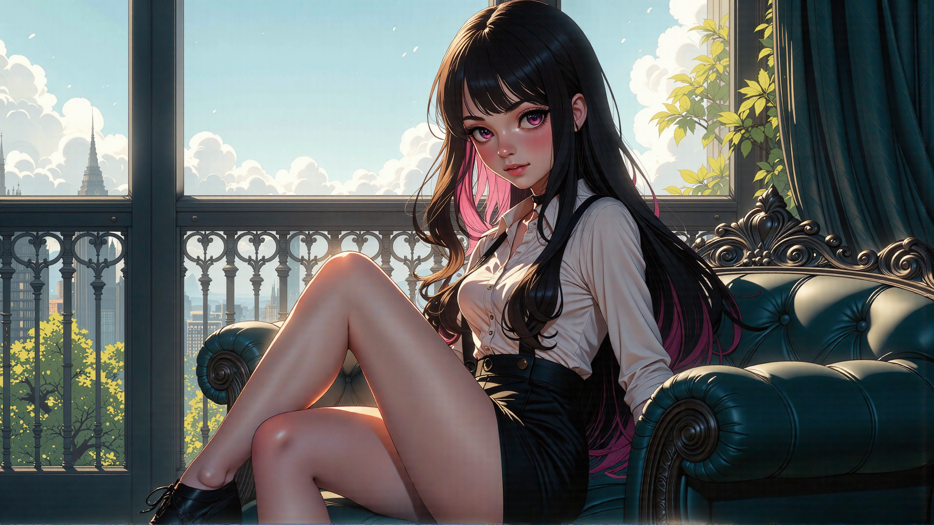 AI generated wallpaper featuring woman, girl, balcony, sofa, cityscape, window, trees, curtains, boots, hair