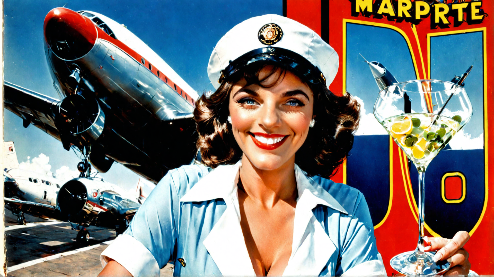 AI generated wallpaper featuring flight attendant, airplane, cocktail, woman, hat, marriage