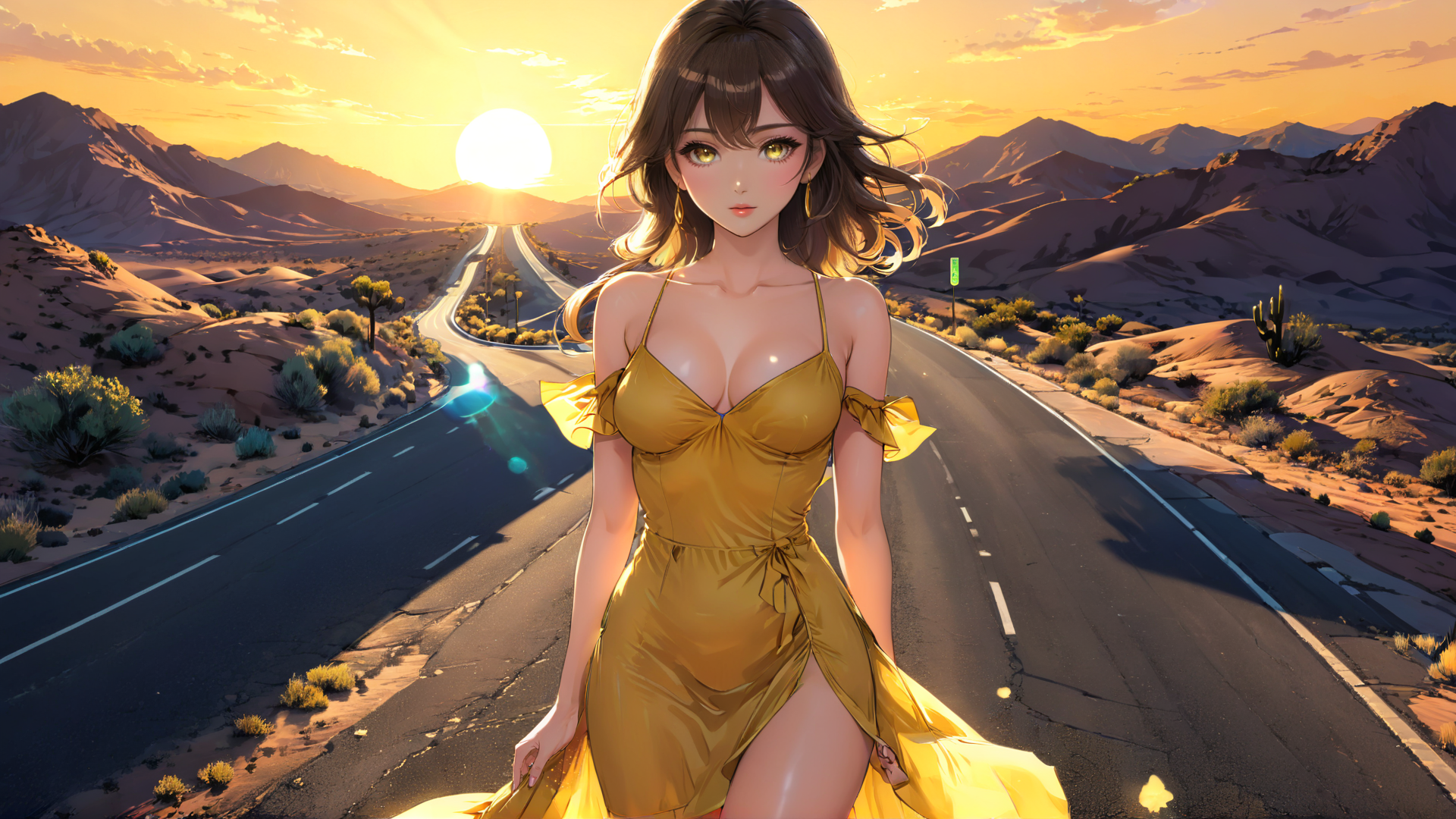 AI generated wallpaper featuring woman, desert, road