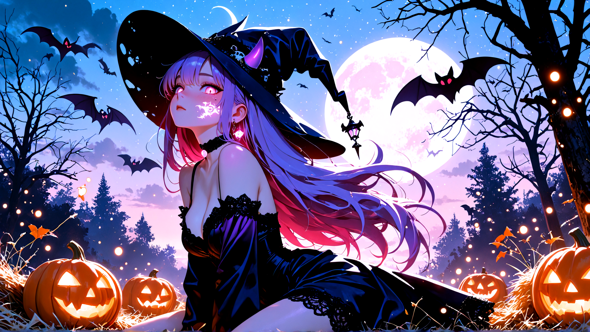 AI generated wallpaper featuring witch, pumpkin, bat, moon, tree, lantern, girl, hair, hat, forest