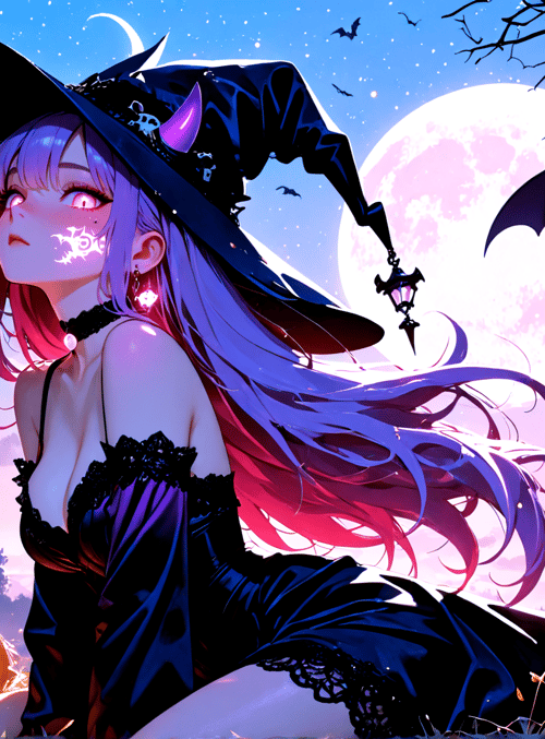 witch, pumpkin, bat, moon, tree, lantern, girl, hair, hat, forest