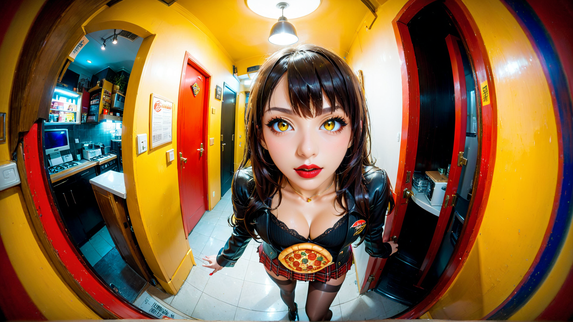 AI generated wallpaper featuring woman, pizza, leather jacket, skirt, boots, door, kitchen, hallway, lighting, sign