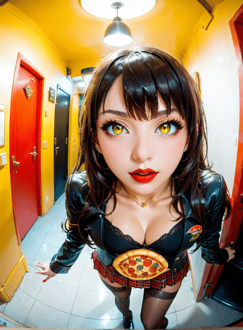 woman, pizza, leather jacket, skirt, boots, door, kitchen, hallway, lighting, sign