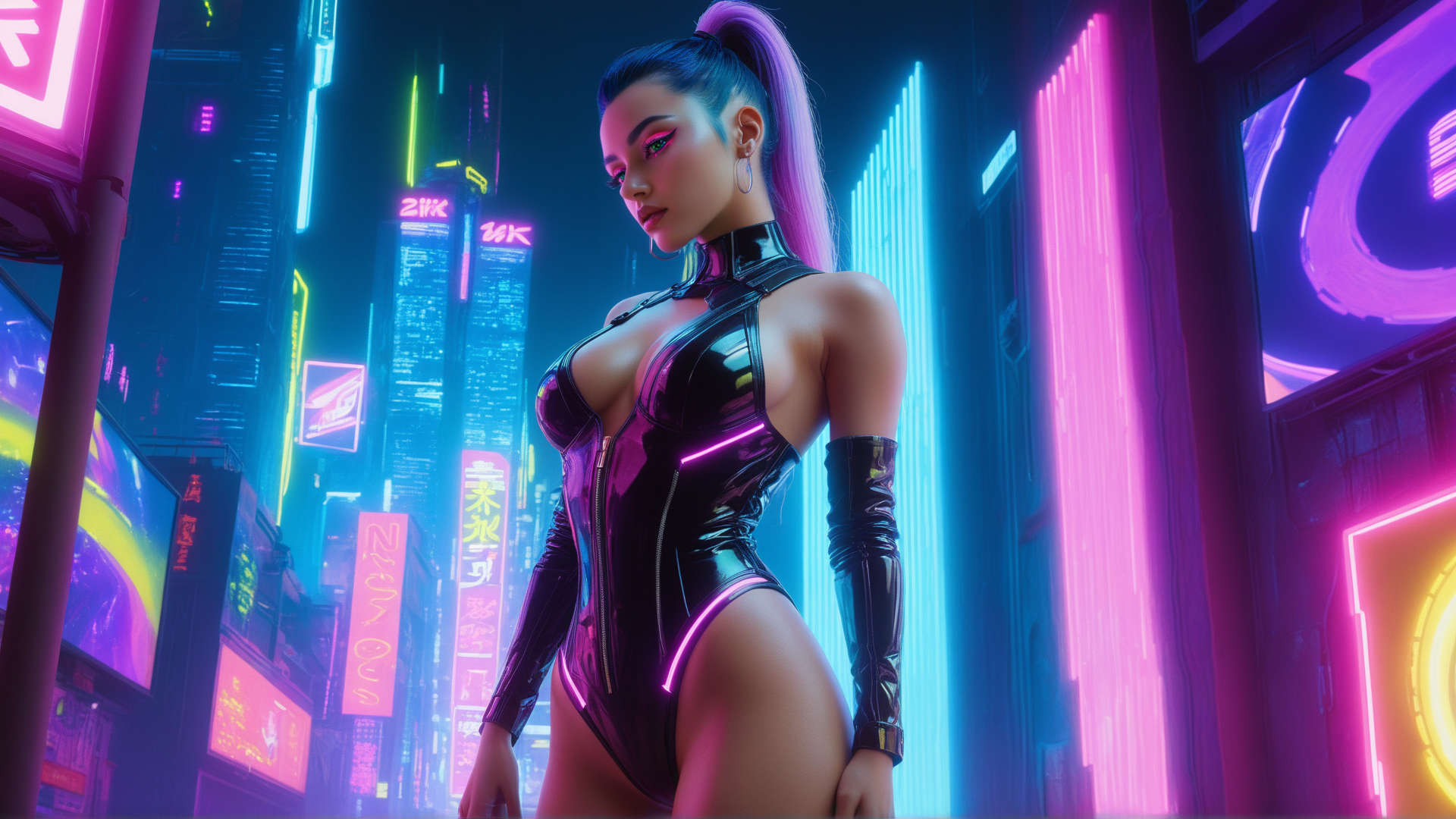 AI generated wallpaper featuring woman, neon, city