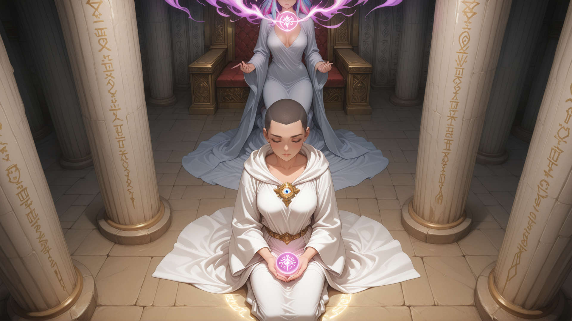 AI generated wallpaper featuring woman, sitting, mage, crown, columns, sacred, altar, magic, symbol, stone
