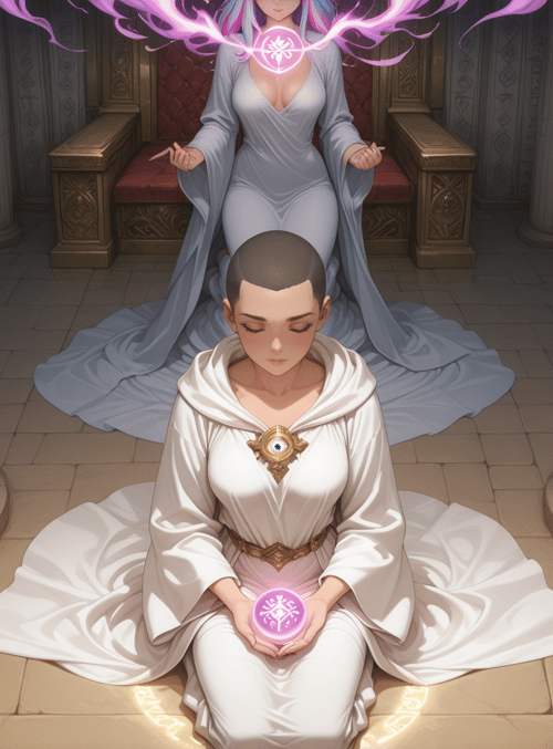 woman, sitting, mage, crown, columns, sacred, altar, magic, symbol, stone