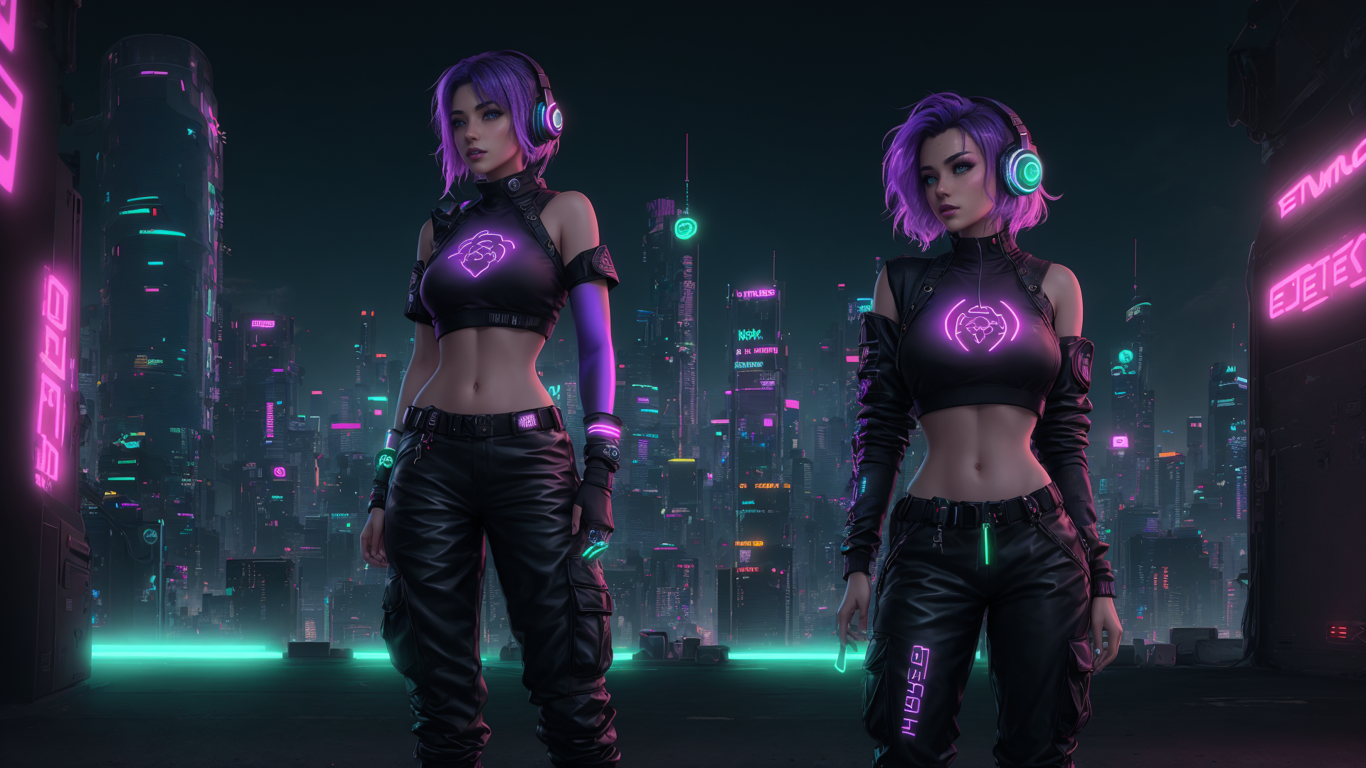 AI generated wallpaper featuring women, cyberpunk, futuristic