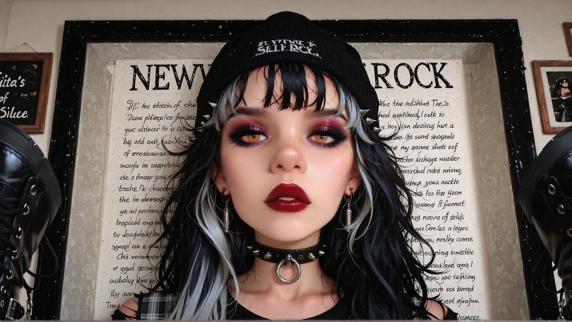 AI generated wallpaper featuring girl, person, hat, choker, earrings, hair, boot, frame, text, plaid