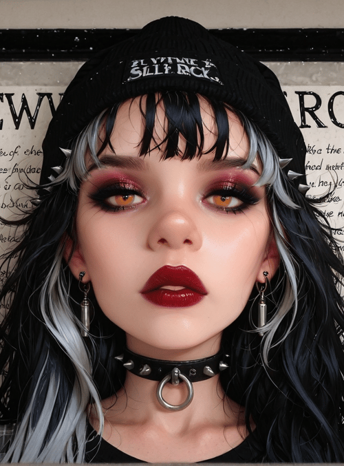 girl, person, hat, choker, earrings, hair, boot, frame, text, plaid