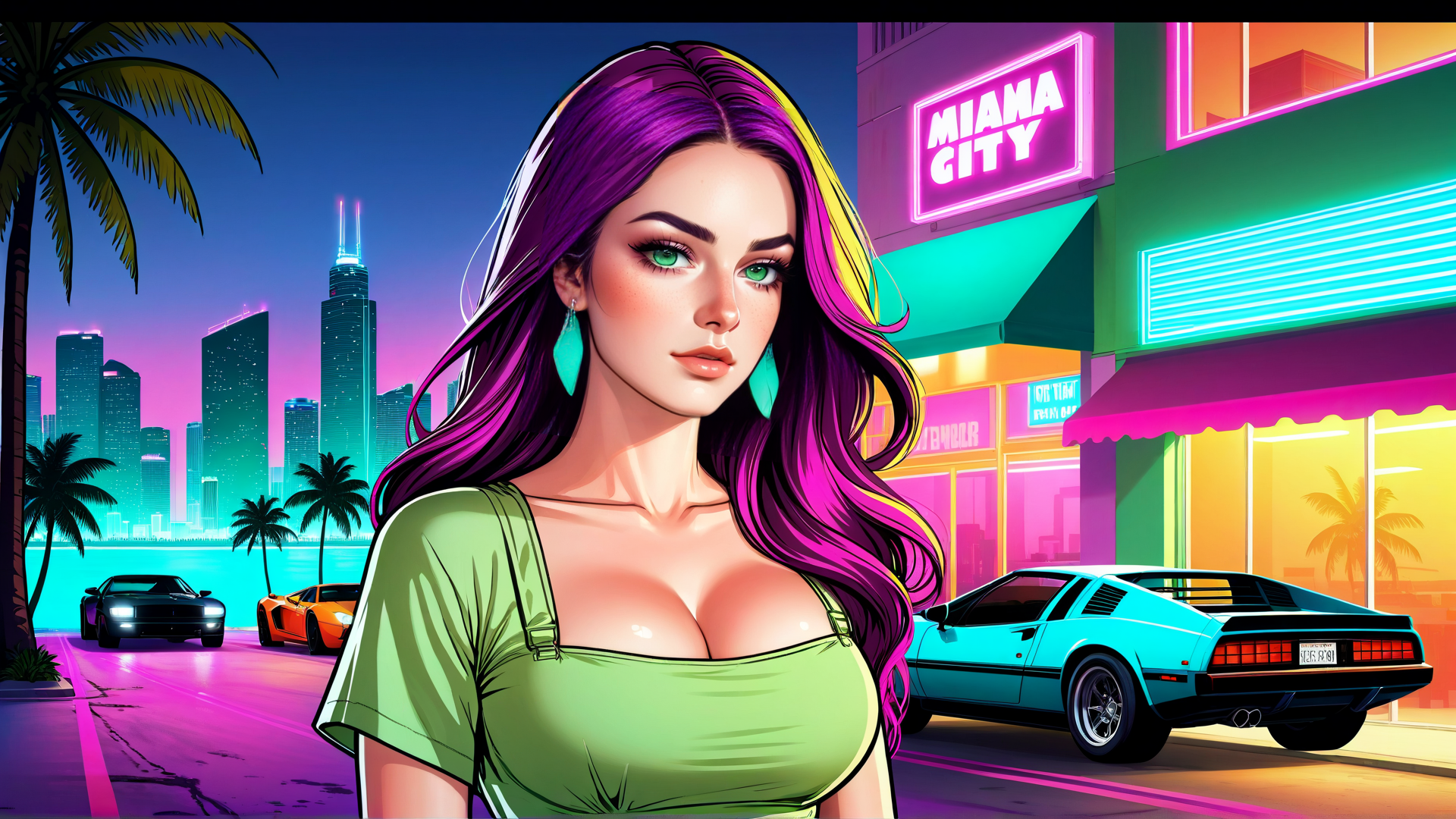 AI generated wallpaper featuring woman, cars, city