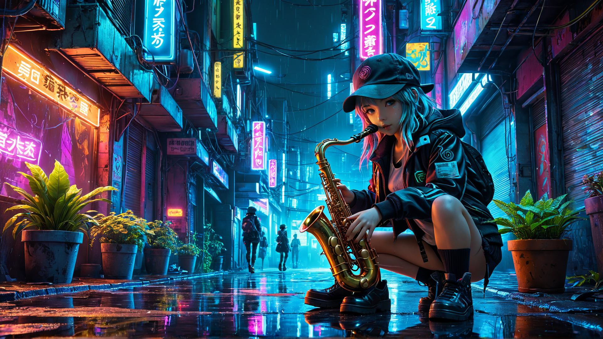 AI generated wallpaper featuring girl, saxophone, alley