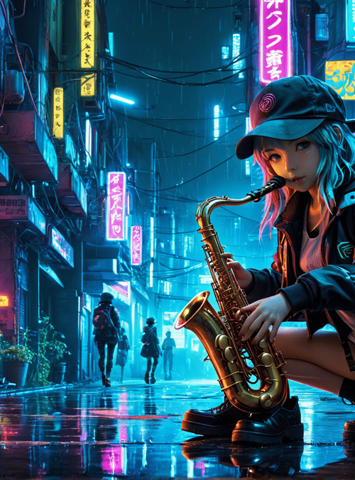 girl, saxophone, alley