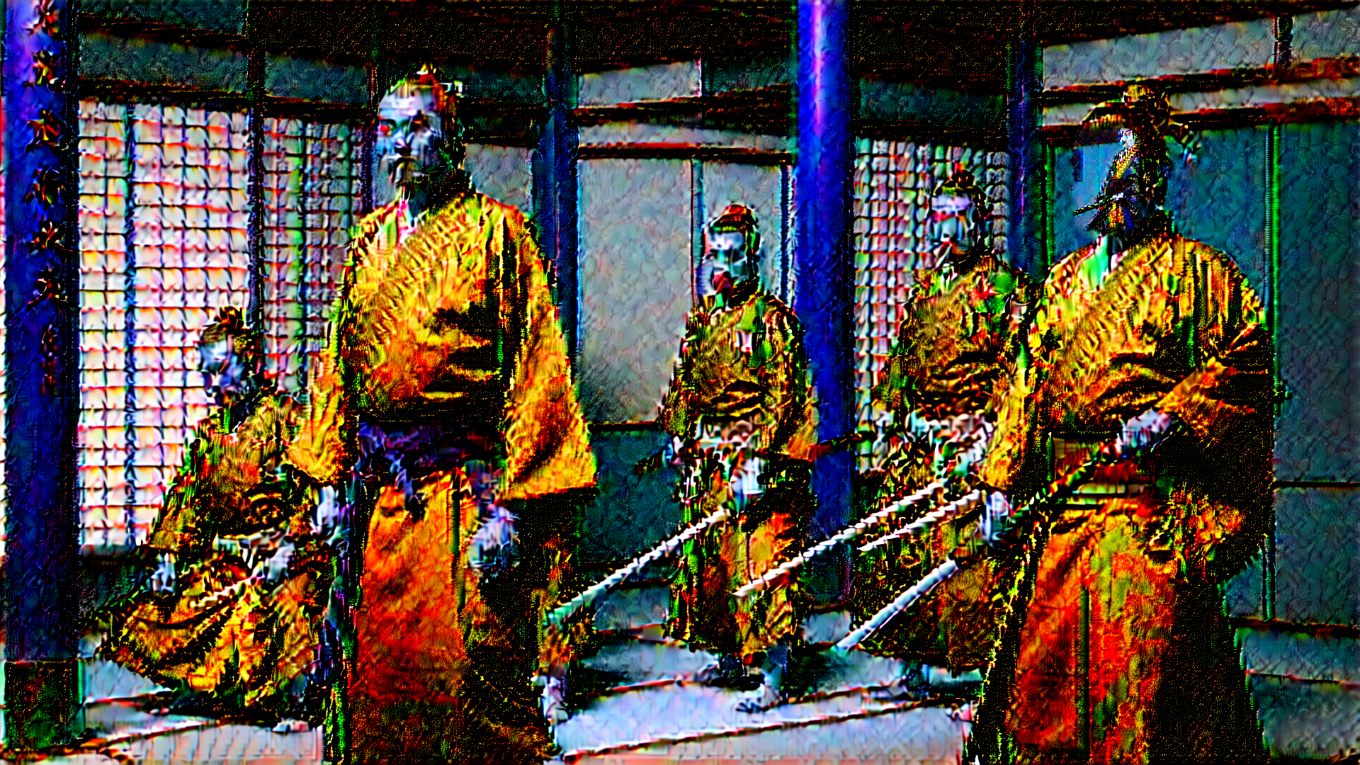 AI generated wallpaper featuring Noh actors, Traditional Japanese, Masks, Robes, Stage, Performers, Theatre